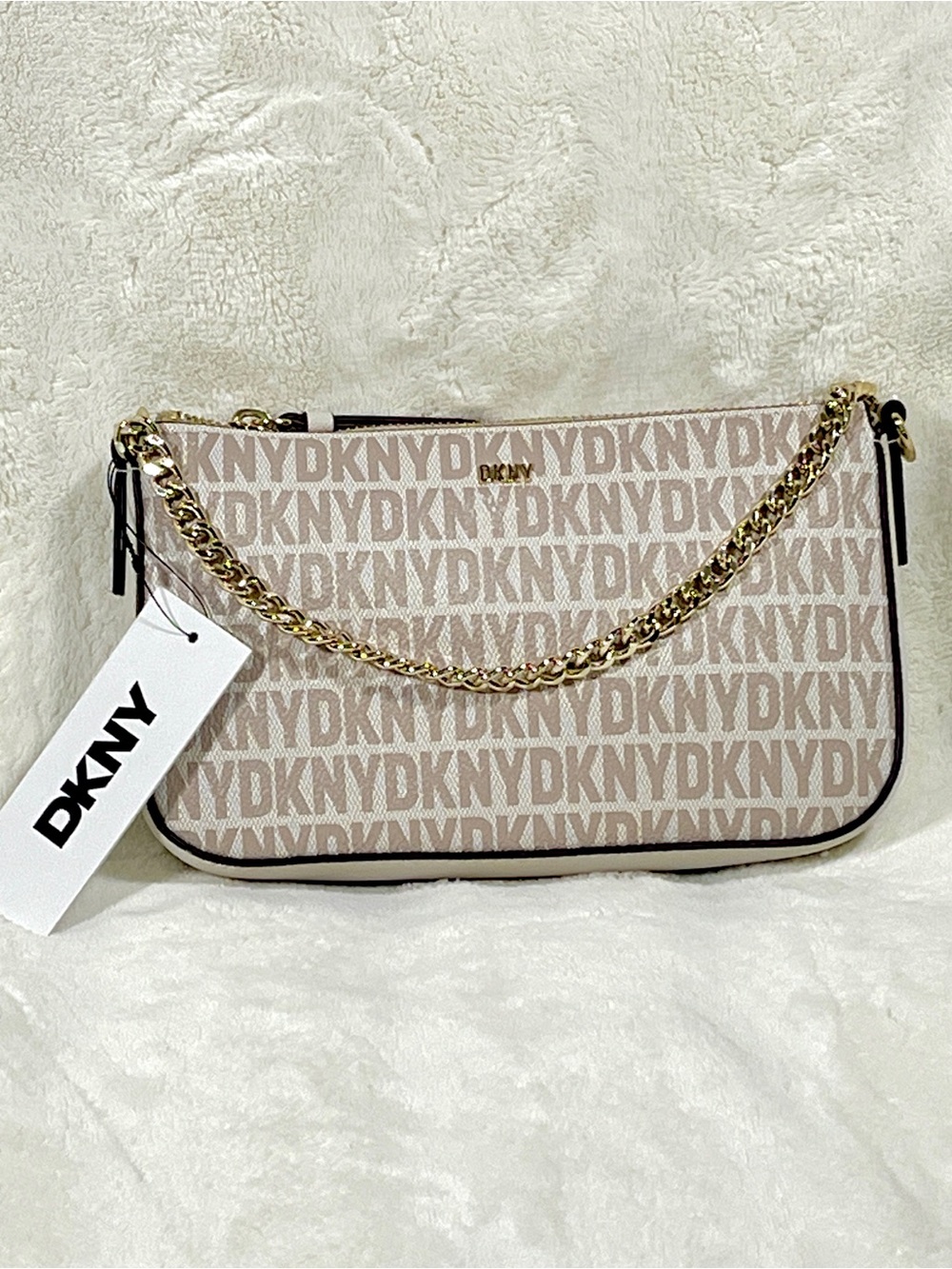 DKNY Beige Monogram Shoulder Bag with Gold Chain